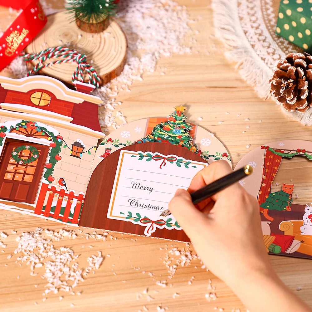 Cartes de vœux pour arbre de noël, carte Pop-Up tridimensionnelle pour chat, carte postale 3D avec enveloppe, fournitures de vacances