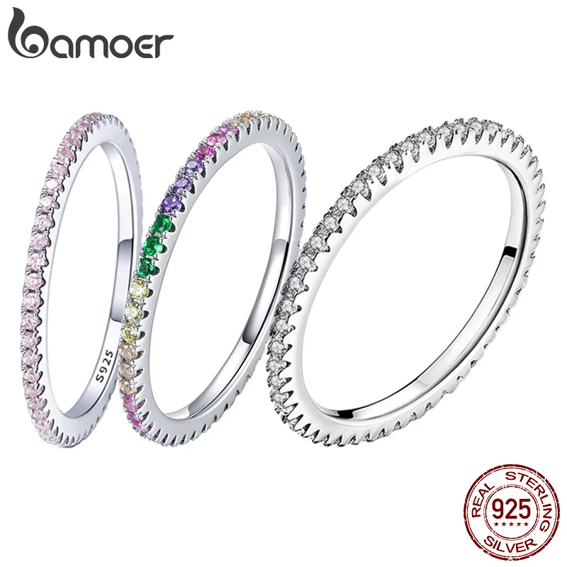BAMOER classique 925 en argent Sterling de haute qualité cercle clair CZ géométrique empilable anneaux pour les femmes bijoux de mariage cadeau SCR066