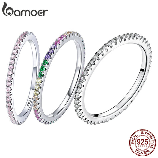 BAMOER classique 925 en argent Sterling de haute qualité cercle clair CZ géométrique empilable anneaux pour les femmes bijoux de mariage cadeau SCR066