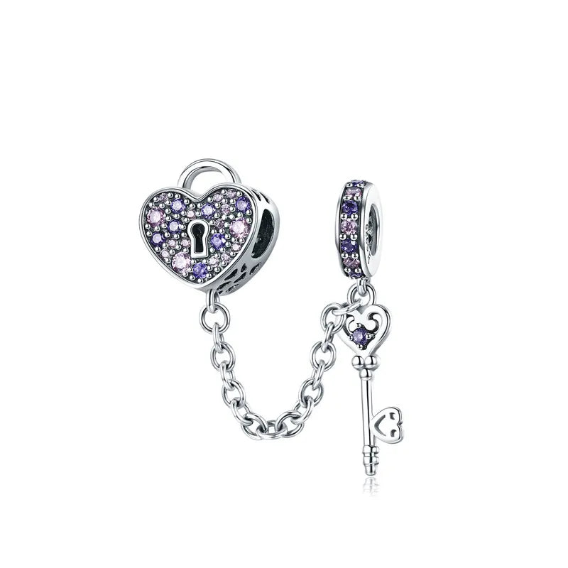 Meilleure vente 100% argent Sterling 925 la clé de coeur silicone sécurité chaîne breloque Wostu Original perles Bracelet bijoux CQC606