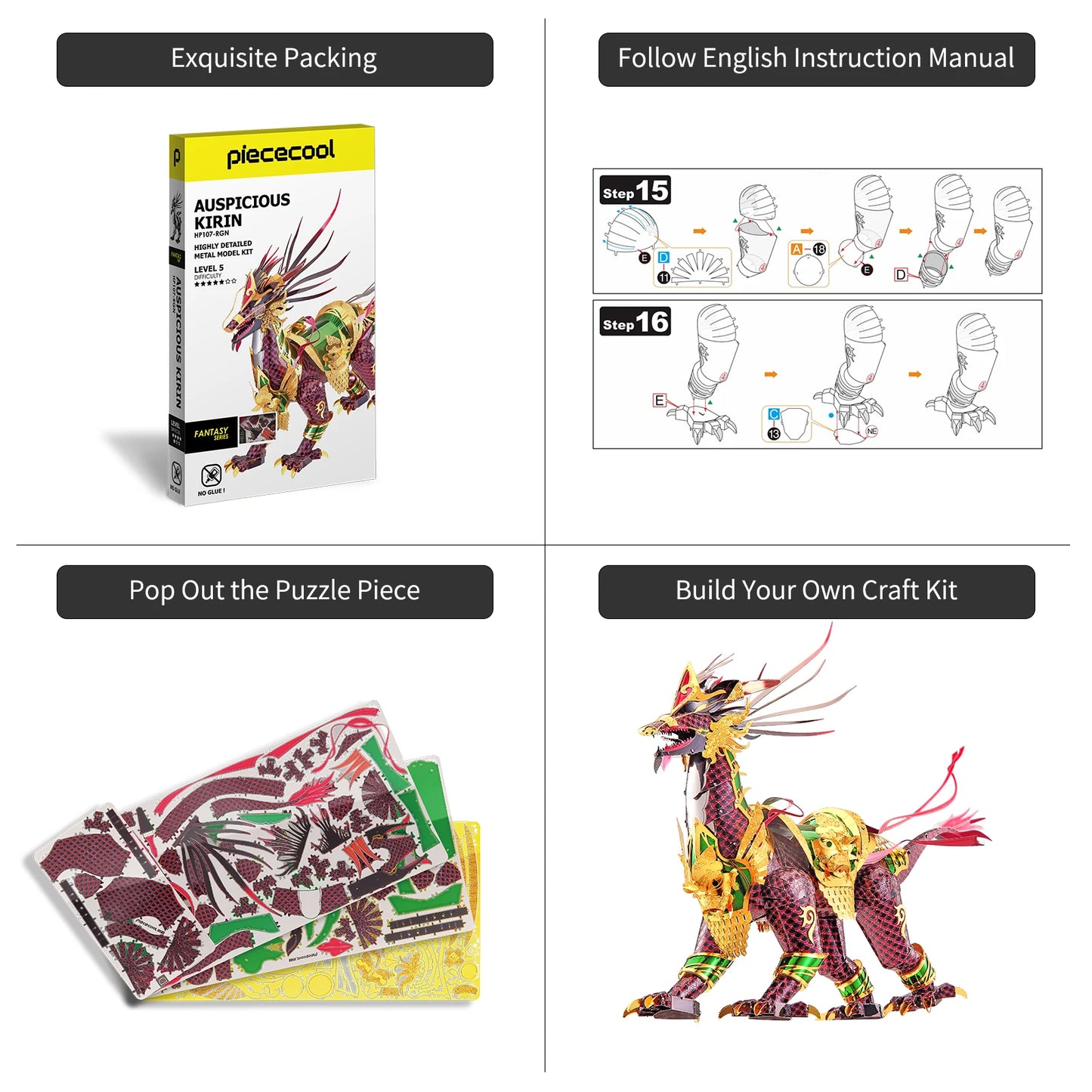 Piececool-Analyste de construction de modèles de puzzle en métal 3D, jouet de puzzle Kirin de bon augure, cadeaux de Noël et d'anniversaire pour adultes