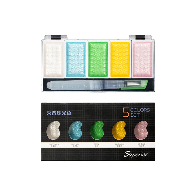 Ensemble de peinture à l'eau solide avec pinceau pour artiste, aquarelle, pigment doré métallique, fournitures d'art, qualité supérieure, 5 couleurs, 8 couleurs