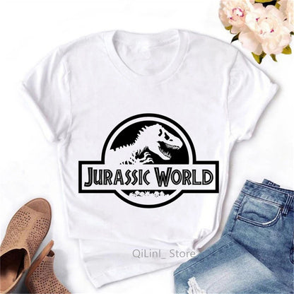 T-Shirt à Manches Courtes Blanc Vintage pour Femme, Streetwear Cool, Motif Dinosaure, Collection Estivale