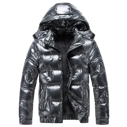 Veste d'hiver en cuir brillant pour hommes, Parka décontractée, Vêtements d'extérieur, Rembourrage matelassé imperméable, Support chaud avec capuche, Manteau d'extérieur, Nouveau