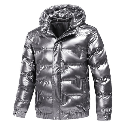 Veste d'hiver en cuir brillant pour hommes, Parka décontractée, Vêtements d'extérieur, Rembourrage matelassé imperméable, Support chaud avec capuche, Manteau d'extérieur, Nouveau