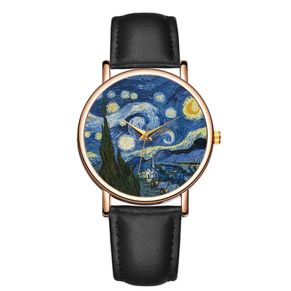 Montres créatives pour femmes Van Gogh peintures la nuit étoilée Bracelet Simple trois broches Bracelet en cuir dames montre cadeau pour les femmes