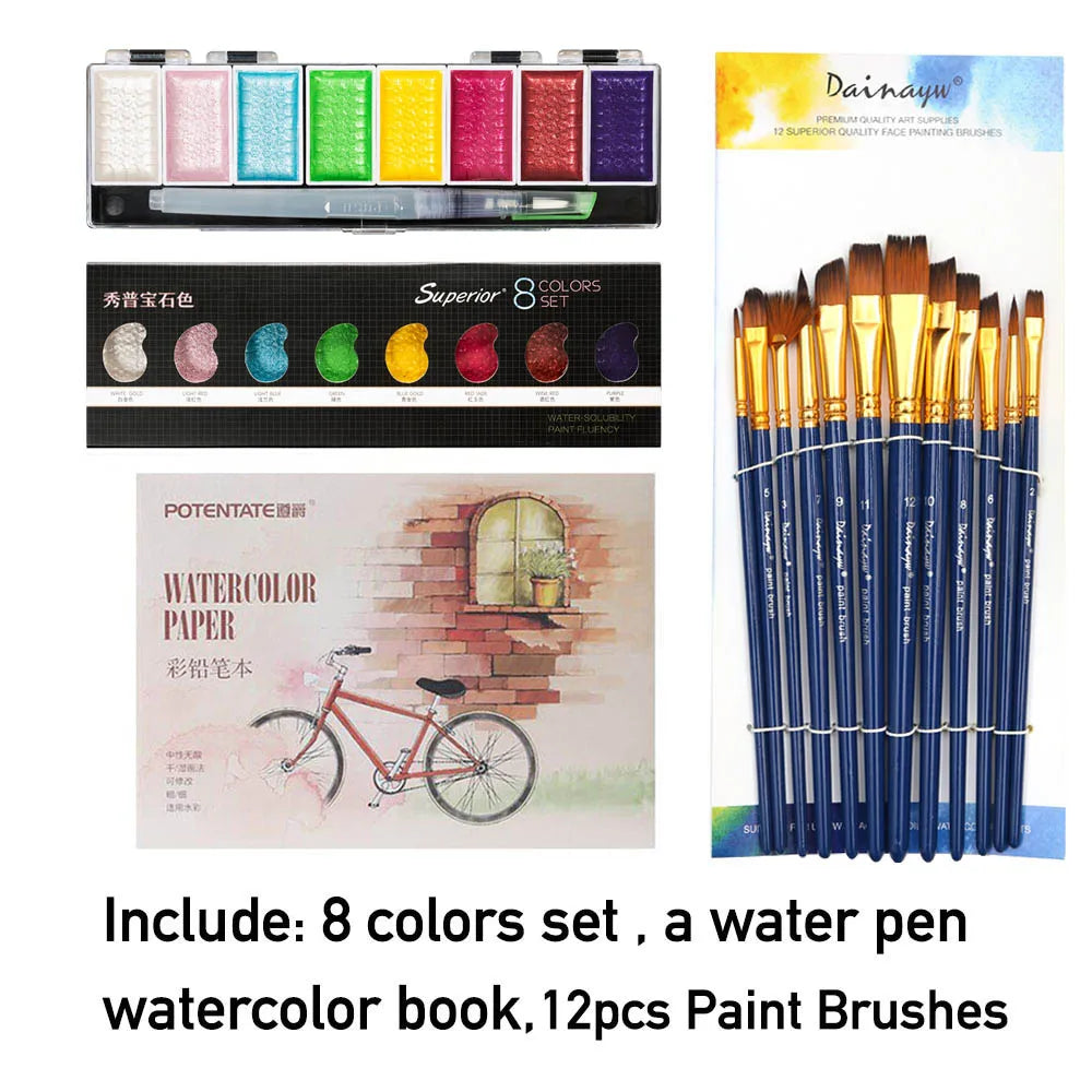 Ensemble de peinture à l'eau solide avec pinceau pour artiste, aquarelle, pigment doré métallique, fournitures d'art, qualité supérieure, 5 couleurs, 8 couleurs