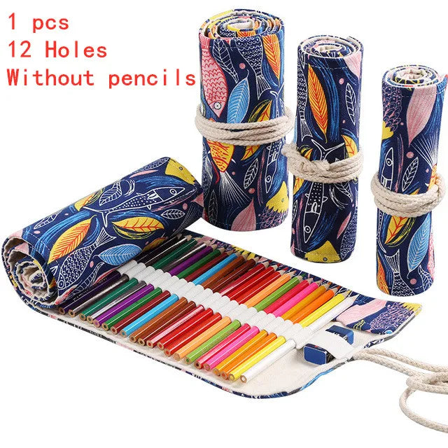 Trousse à crayons en tissu coloré 12/24/36/48/72 trous, sac de rangement pour crayons cosmétiques, rouleau de crayons, fournitures scolaires 050045
