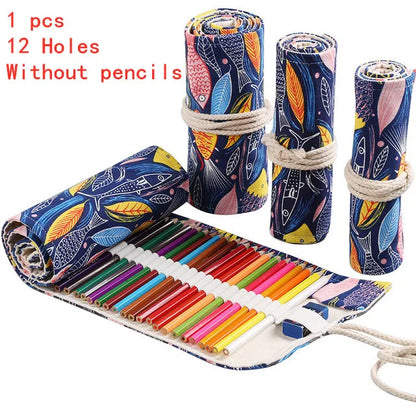 Trousse à crayons en tissu coloré 12/24/36/48/72 trous, sac de rangement pour crayons cosmétiques, rouleau de crayons, fournitures scolaires 050045