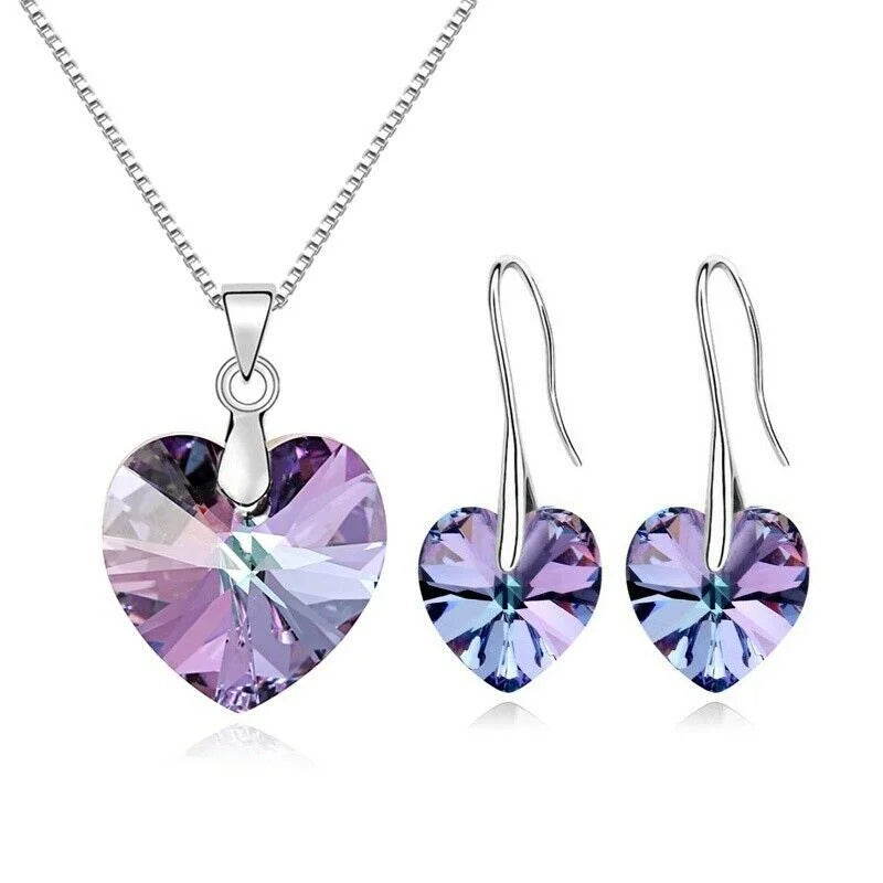 Ensemble de bijoux pendentif coeur pour femme, collier, boucles d'oreilles, argent, violet, Zcomprend