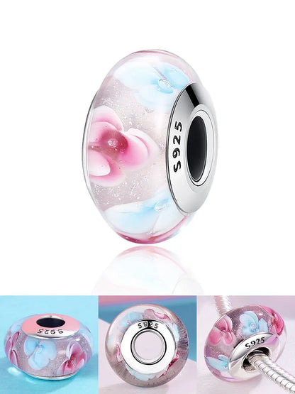 BAMOER 925 en argent Sterling belle fleur rose perles de charme en verre de Murano européen