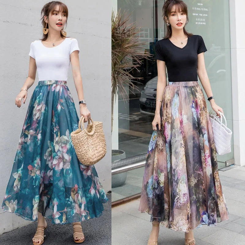 TingYiLi-Jupe longue de plage en mousseline de soie, style boho, imprimé floral, pour femmes