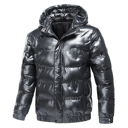 Veste d'hiver en cuir brillant pour hommes, Parka décontractée, Vêtements d'extérieur, Rembourrage matelassé imperméable, Support chaud avec capuche, Manteau d'extérieur, Nouveau