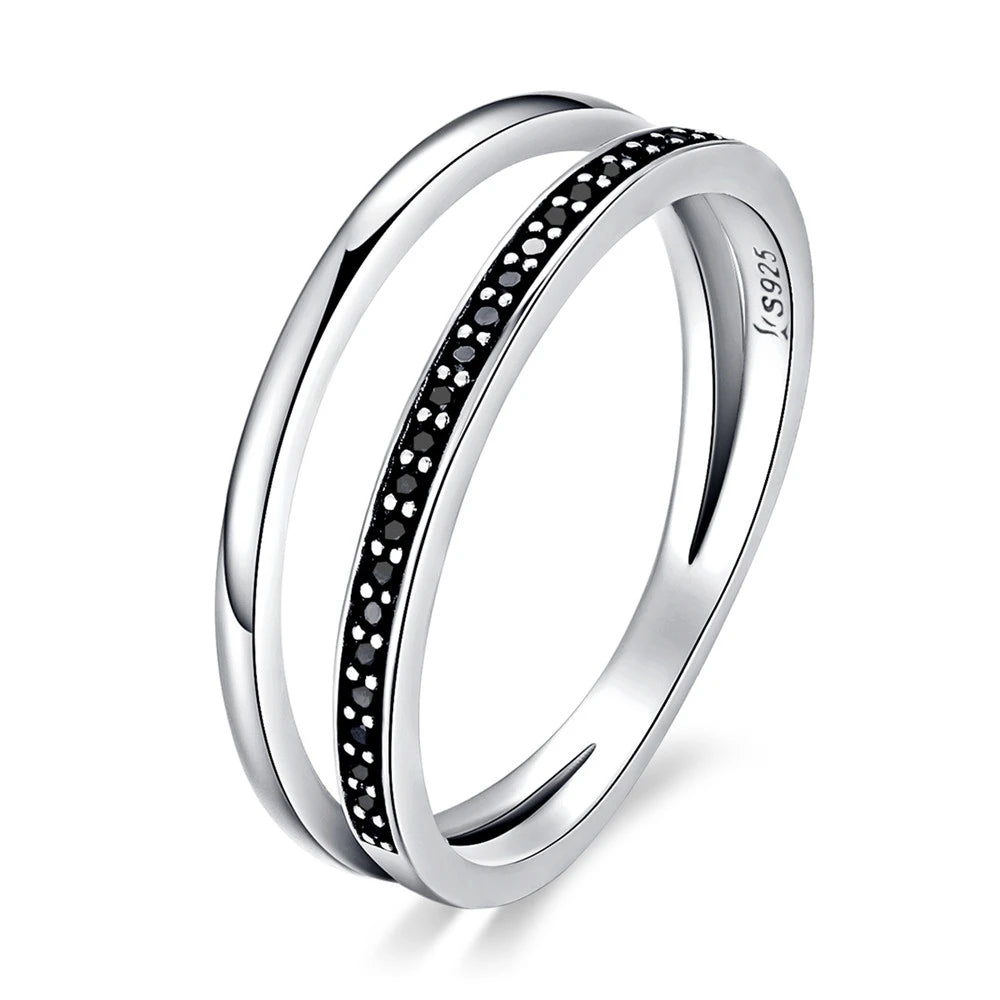 Bamoer véritable 925 en argent Sterling Double cercle noir clair CZ empilable bague pour les femmes en argent fin bijoux cadeau SCR082