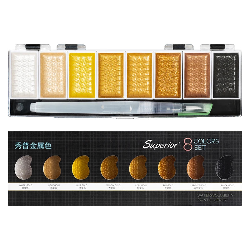 Ensemble de peinture à l'eau solide avec pinceau pour artiste, aquarelle, pigment doré métallique, fournitures d'art, qualité supérieure, 5 couleurs, 8 couleurs