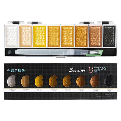Ensemble de peinture à l'eau solide avec pinceau pour artiste, aquarelle, pigment doré métallique, fournitures d'art, qualité supérieure, 5 couleurs, 8 couleurs