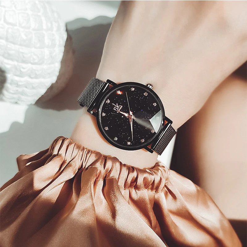 SHENGKE-Montres à cadran de coupe de fleurs romantiques pour femmes, haute qualité, bracelet en maille noire,
