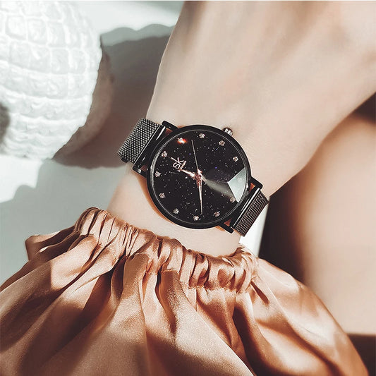 SHENGKE-Montres à cadran de coupe de fleurs romantiques pour femmes, haute qualité, bracelet en maille noire,
