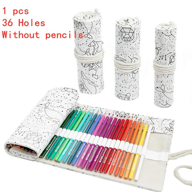 Trousse à crayons en tissu coloré 12/24/36/48/72 trous, sac de rangement pour crayons cosmétiques, rouleau de crayons, fournitures scolaires 050045
