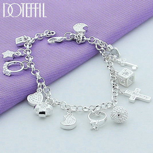 DOTEFFIL 925 en argent Sterling lune coeur serrure croix Bracelet pour hommes femme charme fête de mariage bijoux de mode