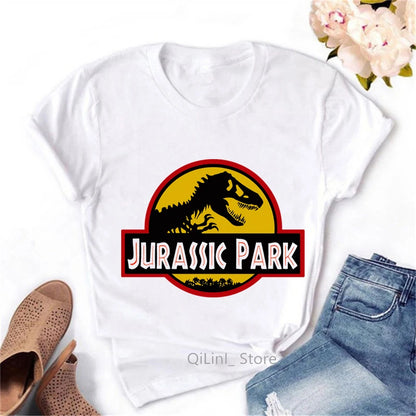 T-Shirt à Manches Courtes Blanc Vintage pour Femme, Streetwear Cool, Motif Dinosaure, Collection Estivale