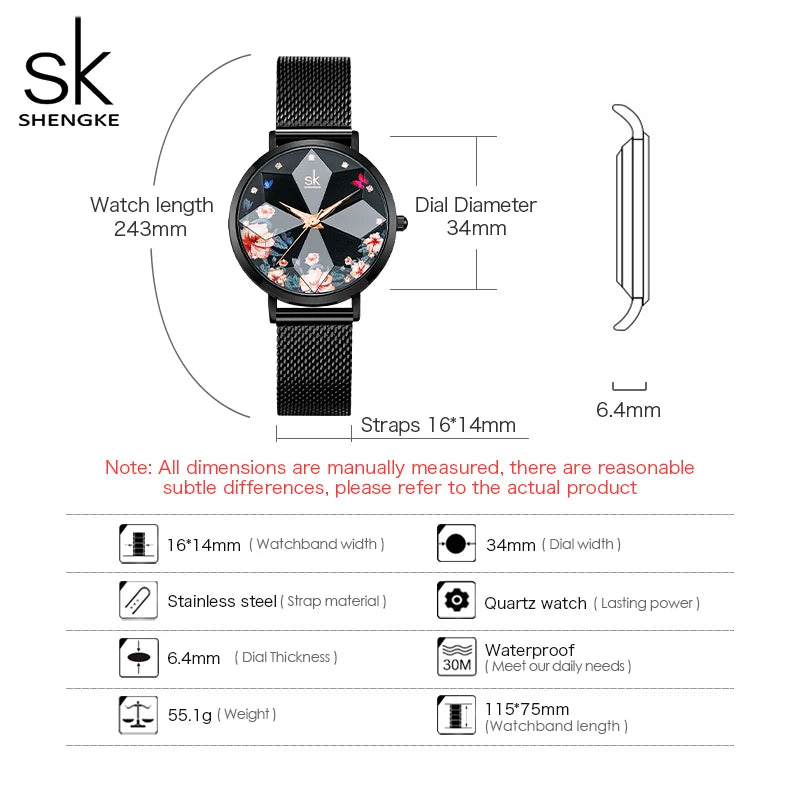 SHENGKE-Montres à cadran de coupe de fleurs romantiques pour femmes, haute qualité, bracelet en maille noire,