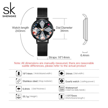 SHENGKE-Montres à cadran de coupe de fleurs romantiques pour femmes, haute qualité, bracelet en maille noire,