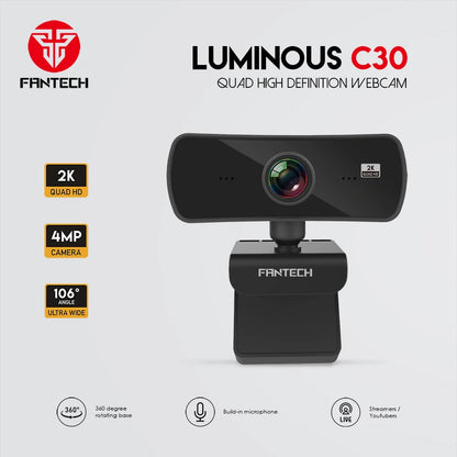 FANTECH – Webcam C30 USB HD, caméra 25fps avec Microphone intégré, Autofocus, 2560x1440P, pour ordinateur de bureau et de jeu