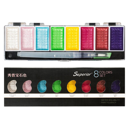 Ensemble de peinture à l'eau solide avec pinceau pour artiste, aquarelle, pigment doré métallique, fournitures d'art, qualité supérieure, 5 couleurs, 8 couleurs