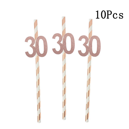 Pailles en papier à rayures dorées, 1 sac, numéro 30e 40e 50e 60e, lunettes à ceinture, pailles à boissons joyeux anniversaire pour adultes, décoration de fête en ballon