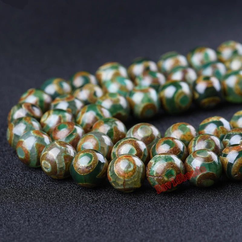 Perles tibétaines Dzi de chine, pierre naturelle, motif d'oeil, Agates tibétaines vertes, rondes, amples, taille au choix 8, 10, 12MM, pour bijoux