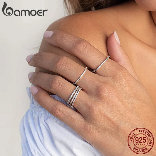 BAMOER classique 925 en argent Sterling de haute qualité cercle clair CZ géométrique empilable anneaux pour les femmes bijoux de mariage cadeau SCR066