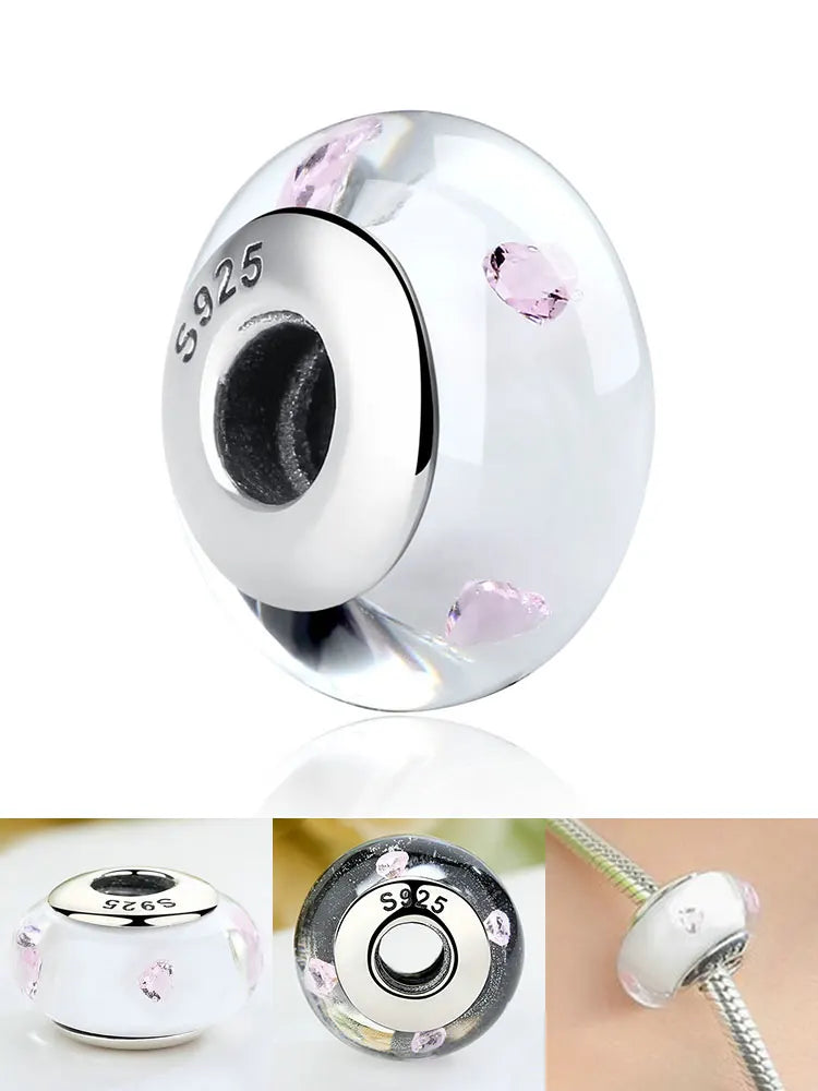 BAMOER 925 en argent Sterling belle fleur rose perles de charme en verre de Murano européen