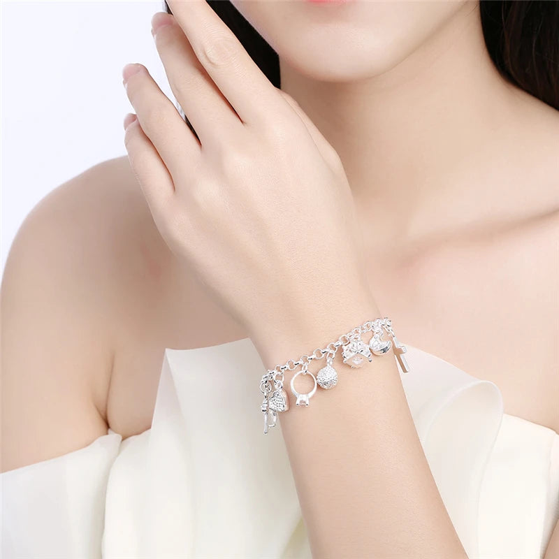 DOTEFFIL 925 en argent Sterling lune coeur serrure croix Bracelet pour hommes femme charme fête de mariage bijoux de mode