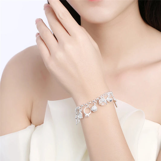 DOTEFFIL 925 en argent Sterling lune coeur serrure croix Bracelet pour hommes femme charme fête de mariage bijoux de mode