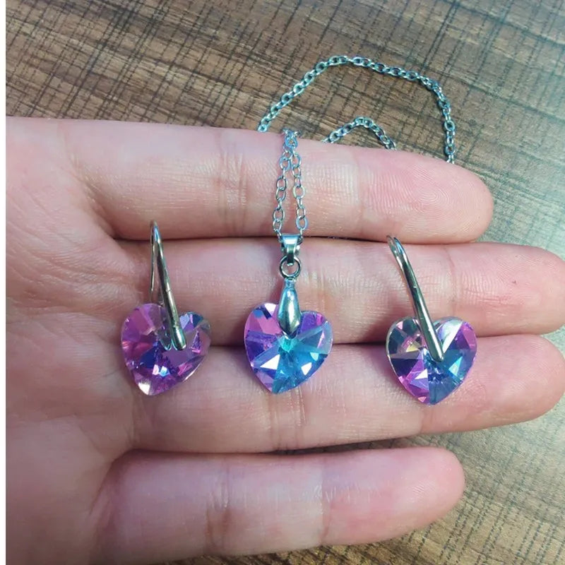 Ensemble de bijoux pendentif coeur pour femme, collier, boucles d'oreilles, argent, violet, Zcomprend