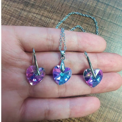 Ensemble de bijoux pendentif coeur pour femme, collier, boucles d'oreilles, argent, violet, Zcomprend