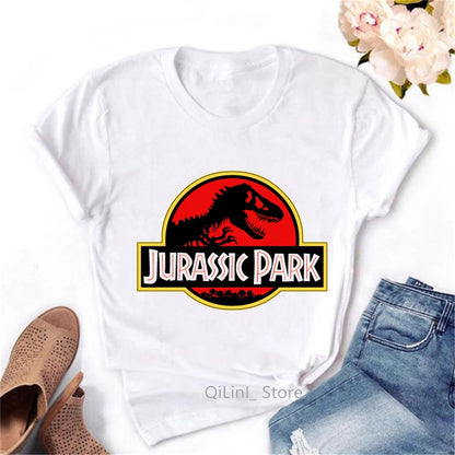 T-Shirt à Manches Courtes Blanc Vintage pour Femme, Streetwear Cool, Motif Dinosaure, Collection Estivale