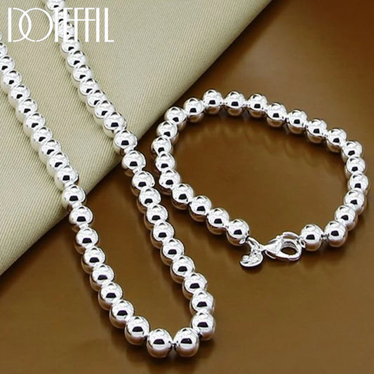 DOTEFFIL 925 argent Sterling 8mm creux lisse perles rondes collier Bracelets ensemble pour les femmes de mariage fiançailles fête bijoux