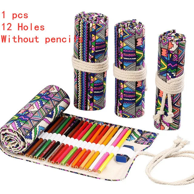 Trousse à crayons en tissu coloré 12/24/36/48/72 trous, sac de rangement pour crayons cosmétiques, rouleau de crayons, fournitures scolaires 050045