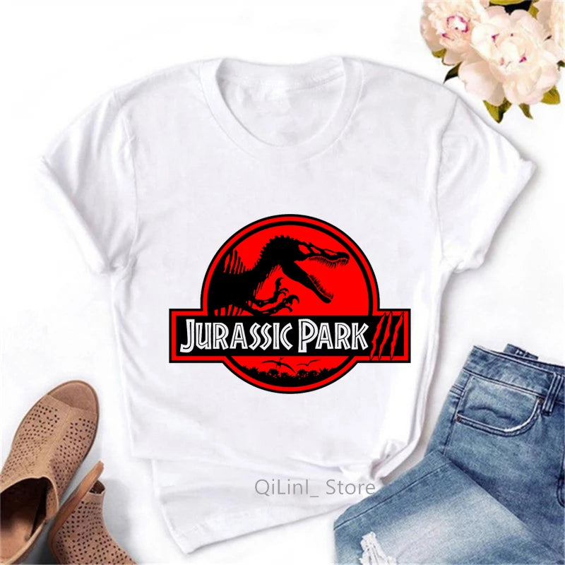 T-Shirt à Manches Courtes Blanc Vintage pour Femme, Streetwear Cool, Motif Dinosaure, Collection Estivale
