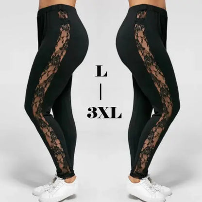 L-3XL grande taille pantalon pour femmes mode décontracté noir minceur taille haute dentelle Patchwork voir à travers Leggings pantalon 2023