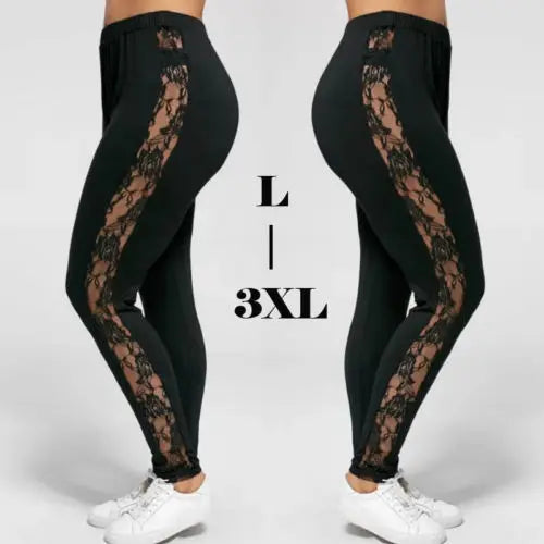 L-3XL grande taille pantalon pour femmes mode décontracté noir minceur taille haute dentelle Patchwork voir à travers Leggings pantalon 2023