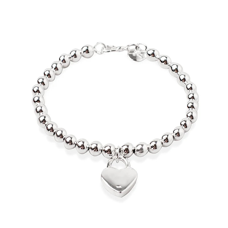 DOTEFFIL 925 argent Sterling coeur serrure 6mm perles chaîne Bracelets