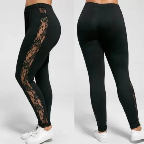 L-3XL grande taille pantalon pour femmes mode décontracté noir minceur taille haute dentelle Patchwork voir à travers Leggings pantalon 2023