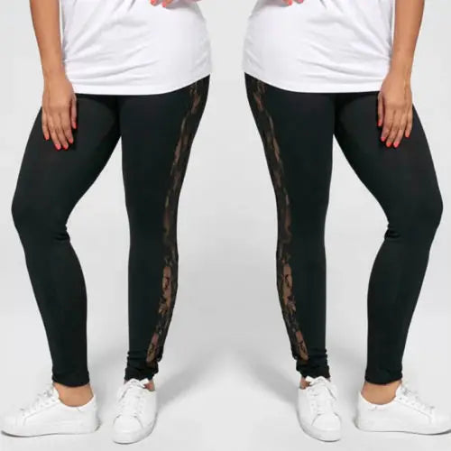 L-3XL grande taille pantalon pour femmes mode décontracté noir minceur taille haute dentelle Patchwork voir à travers Leggings pantalon 2023