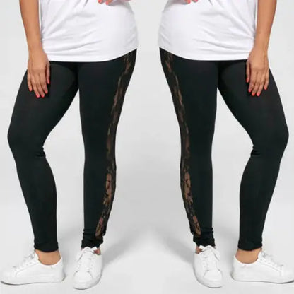 L-3XL grande taille pantalon pour femmes mode décontracté noir minceur taille haute dentelle Patchwork voir à travers Leggings pantalon 2023