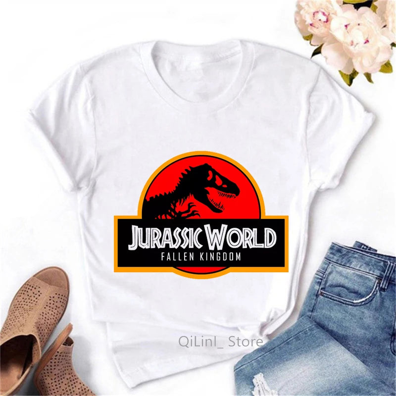 T-Shirt à Manches Courtes Blanc Vintage pour Femme, Streetwear Cool, Motif Dinosaure, Collection Estivale