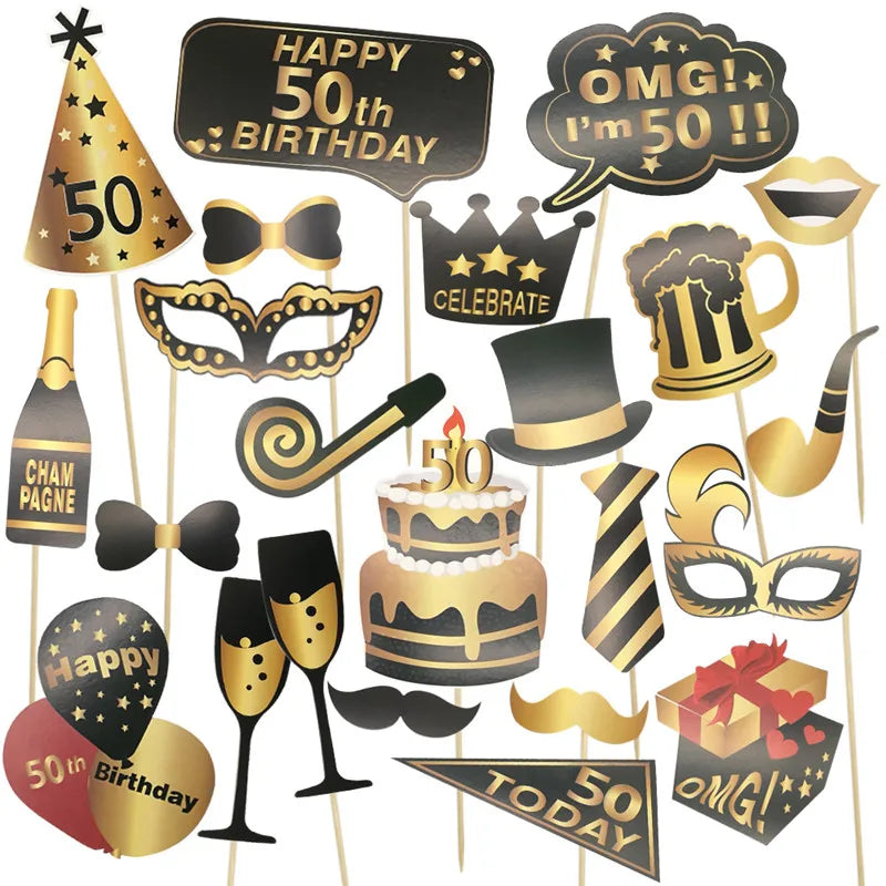 Pailles en papier à rayures dorées, 1 sac, numéro 30e 40e 50e 60e, lunettes à ceinture, pailles à boissons joyeux anniversaire pour adultes, décoration de fête en ballon