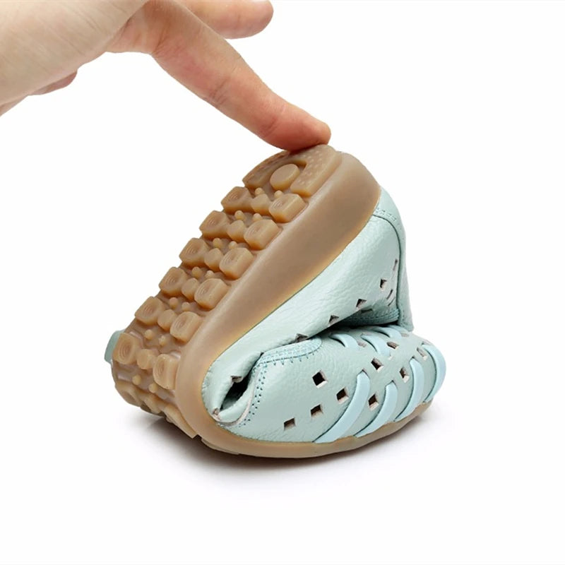 WOIZGIC mère femmes chaussures sandales plates évider en cuir véritable sans lacet mocassins doux été plage Vintage grande taille 42 43